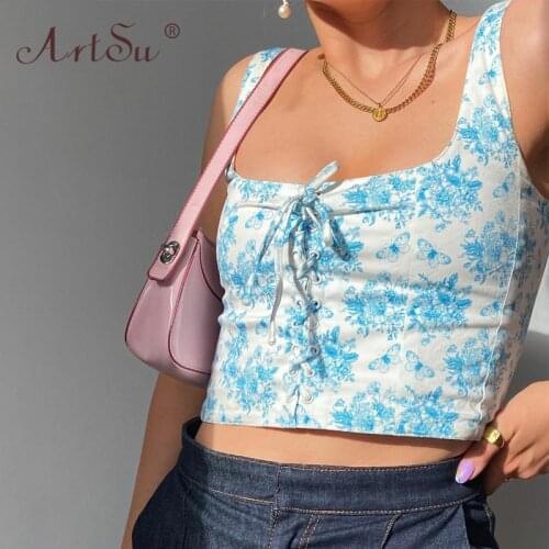 ArtSu Sexy Front Cross Drawstring U Neck Bandage Floral Print Crop Top 2020 Summer Women Blue Tank Tops Casual Tees Streetwear