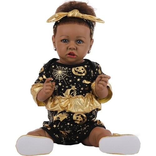 23inch Reborn Baby Doll Soft Vinyl Full Silicone Black Skin Baby Christmas Clothing Princess Curly Long Hair For Kids Gifts