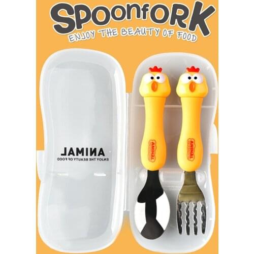 Baby Feeding Material Cartoon Cutlery Suit Stainless Steel Tableware Animal Fork Spoon Set Utensils Baby Eating Gadgets