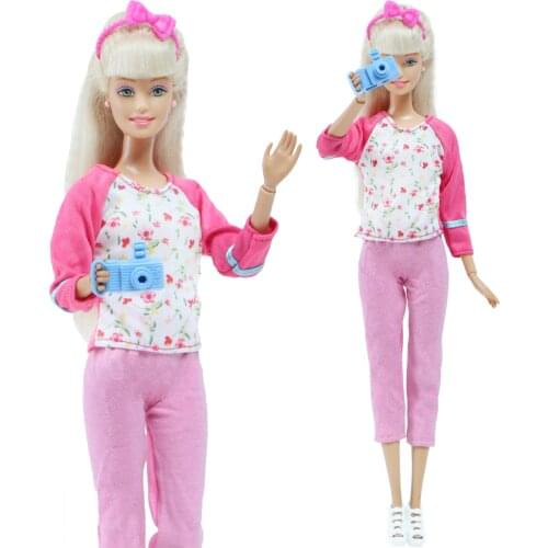 BJDBUS Fashion Outfit Blouse Pink Trousers Pants Camera Shoes Outdoor Daily Casual Clothes for Barbie Doll Accessories Toy