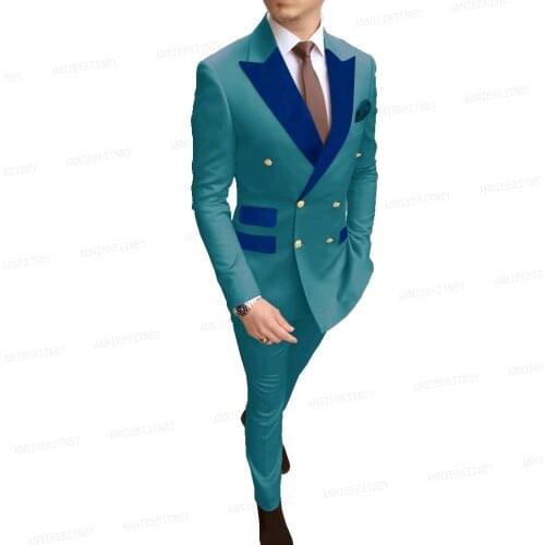 Sea Blue Men Suit Double Breasted Formal Business Wear Jacket Custom Made Plus Size Groom Wedding Suit Tuxedo Blazer with Pants