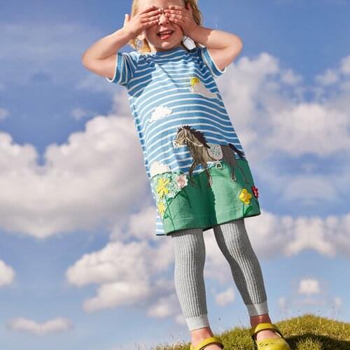 Child Baby Girls Dress Summer Strip Cartoon Animal Rabbit Rat Long Sleeve Straight Dresses Fashion Infant Toddler Dress Clothes