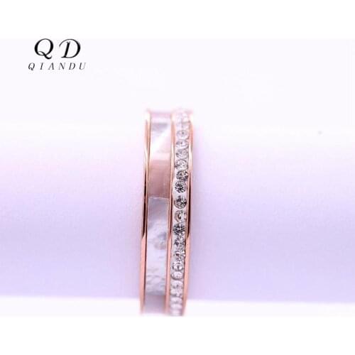 Qian Du lady double ring with crystal and pearl mirror rose gold plating stainless steel metal ring gift jewelry
