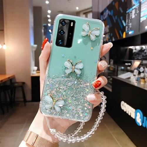 Luxury Cute Bling Glitter Lanyard Silicone Phone Case For Huawei P40 P30 P20 P10 Lite Pro Mate 40 30 20 Ultra-thin Strap Cover