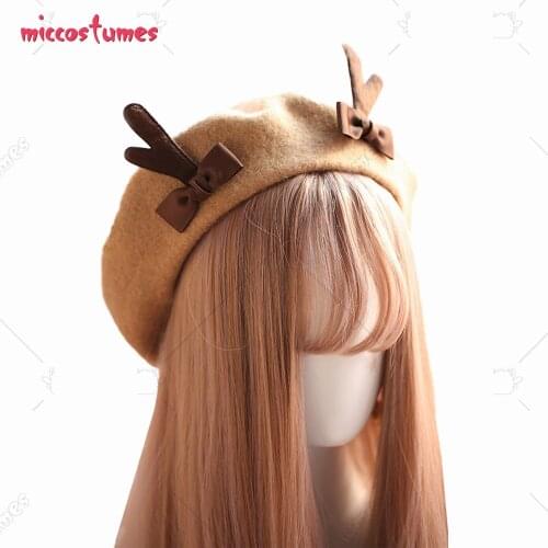 Christmas Reindeer Painter Hat Cute Japanese Style Deer Horn Wool Beret Hat for Winter