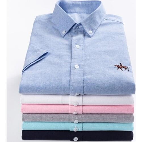6XL Summer 100% Cotton Oxford Mens Shirts Short Sleeve Social Shirt Casual Solid Formal Comfort Button-down Official Work Shirts