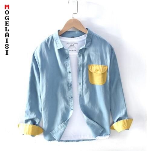 Men casual shirts Linen cotton long sleeve 2020 hot Stitching pocket tops Breathable high quality shirt camisas masculina TB620