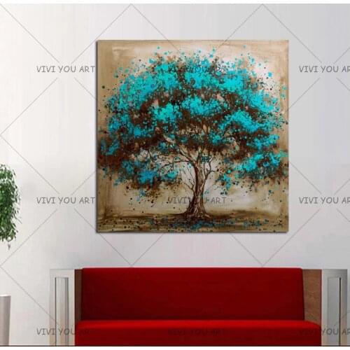 Hand Painted Modern Blue Tree Decoration Oil Painting On Canvas Handmade Landscape Wall Art Home Decor Painting Hang Pictures