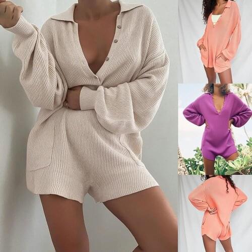 Loose Playsuit Women Solid Color Turn Down Collar V Neck Pocket Rompers Spring Autumn Playsuit Jumpsuit for Women Clothing