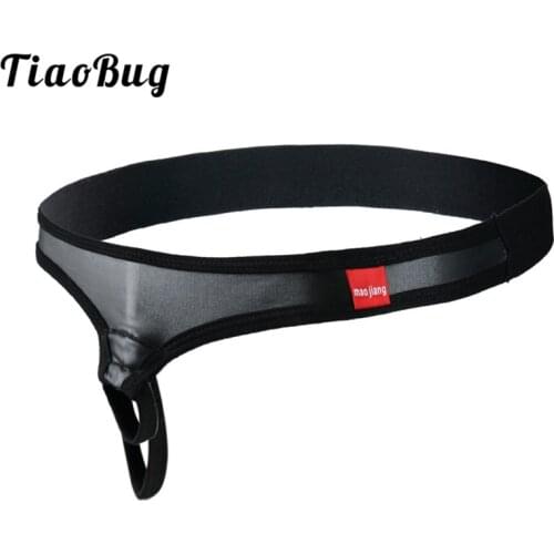 TiaoBug Men Lingerie Patent Leather Mini Bikini Briefs Penis Hole Underpants Hombre G-string Thongs Cock Ring Sexy Underwear