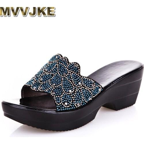MVVJKE plus size women sandals summer 2020 fashion woman genuine leather slippers middle ages wedge shoes mother slippers