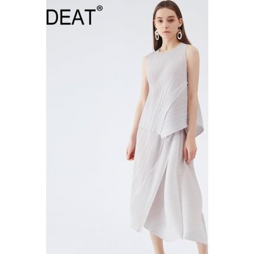 DEAT Women Pleated Suit Round Collar Sleeveless Pullover Top + High Waist Irregular design Skirt 2021 new Summer Fashion 15HX220