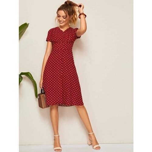 2021 summer dress new wave point single-breasted v-neck short-sleeved temperament elegant slim A-line dress women