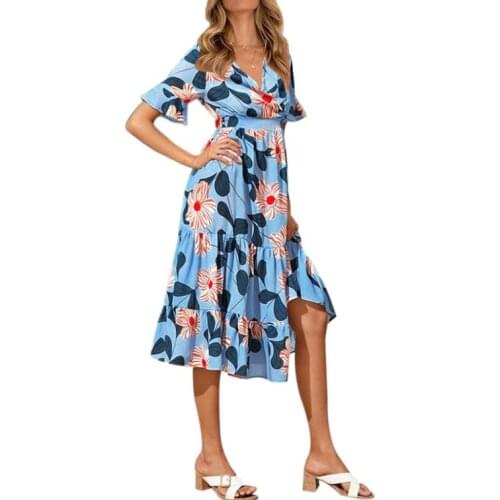 Women Floral Printed Pattern Dress V-neck Short Sleeve Ruffled Hem Skirt Blue/ Ginger/ White