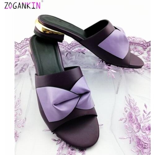 High Quality 2019 New Design Itlaian Women Shoes Pu Leather African Leisure Slipper for Party Comfortable Heels in Dark Purple