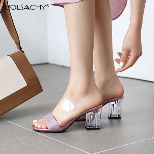 2021 Spring Summer Crystal heels slippers Sandals Women shoes PVC Peep toe High heels slippers Shiny Ladies Sandalias Mujer32-43