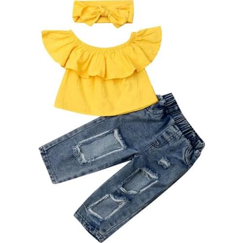 2019 New Fashion Toddler Kids Baby Girl Outfit Tops T-shirt Off Shoulder+Hole Denim Pants Jeans+Headband Clothes Set 3Pcs