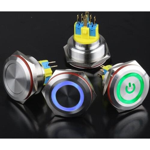 30mm Metal Push Button Switch with LED 12V 110V 220V STainless Steel Shell Pin Feet for Industrial Device Elevators Motor Cars