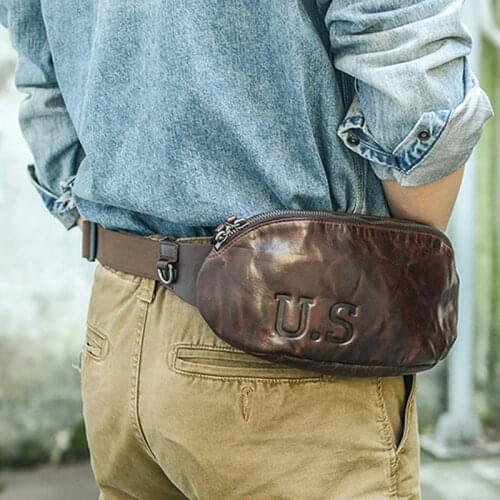 AETOO Fashionable multifunctional crossbody bag, cowhide zipper waist bag, outdoor youth leather sports chest bag