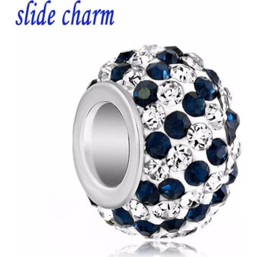 Slide charm Free shipping Valentines Day black clay amulet small floral white and blue crystal charm beads fit Pandora bracelet