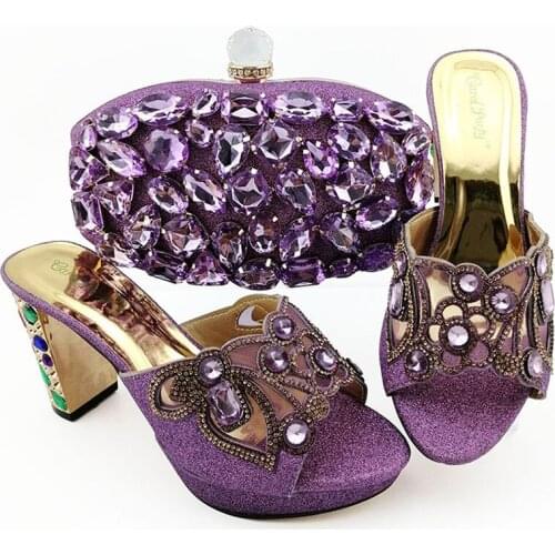 Shiny faux rhinestones decorate shoes and Bag African Womens Party Shoes and Bag Sets Purple Color Women Sandals And Handbag