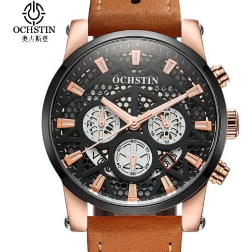 OCHSTIN Band Leather Sports Mens Watch Military Reticular Hollow Out Male Hour Date Waterproof Skeleton Quartz Wrist Watch 2018