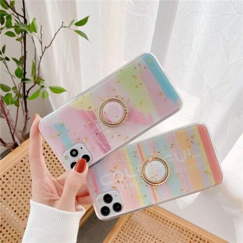 Ring Holder Stand Gold Foil Glitter Rainbow Marble Phone Case For iPhone 11 12 Mini Pro XS Max XR X 7 8 Plus SE 2020 Back Cover