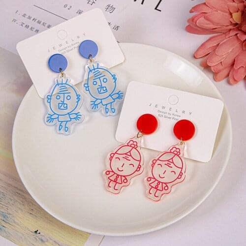 ZiccoWong Acrylic Painting Old Man Lady Long Dangle Earring Creative Summer Lovers Eardrop Jewelry For Women Girls Party Gift