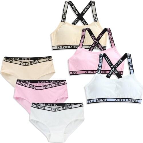Cotton Girls Bras Panties Sets Kids Lingerie Underwear Sets Teens Students Sports Bra Vest and Panties Girls Clothes 12-16Y