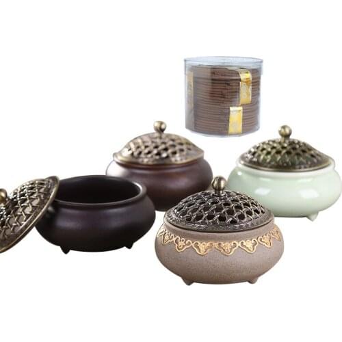 Ceramic Cense with Rmetal Cover Sandalwood Agarwood Household Tea Ceremony a Three Legged Incense Burner