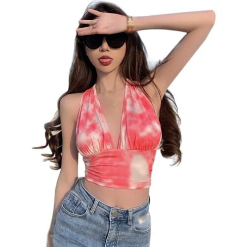 Korean Tie-Dyed V Neck Vest Summer Women Halter Slim Sexy Exposed Navel Sleeveless Crop Tank Top