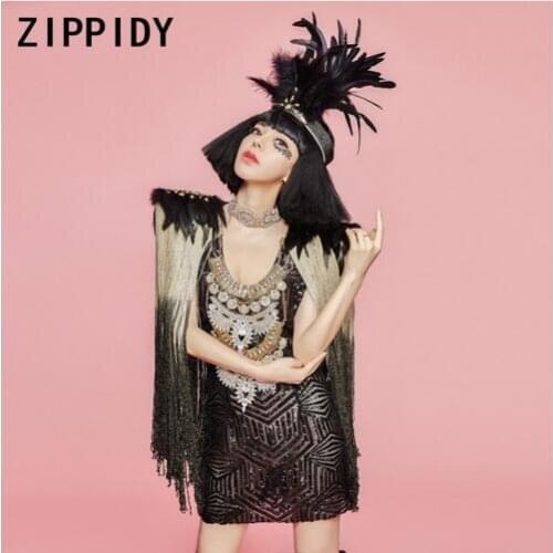 Fashion Sexy Tassel Sequins Dress Black Feather Headdress Rhinestones Nightclub Show Womens Birthday Party Dresses
