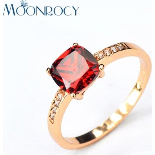 MOONROCY Drop Shipping Fashion Jewelry Wedding Rings Rose Gold Color Cubic Zirconia Austrian Red Purple Crystal Rings for Women