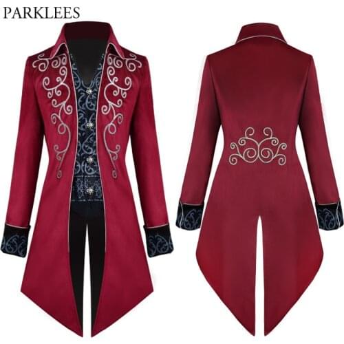 Mens Vintage Red Steampunk Gothic Jacket Victorian Tailcoat Steampunk Halloween Uniform Costume Stage Cosplay Prom Trench Coat