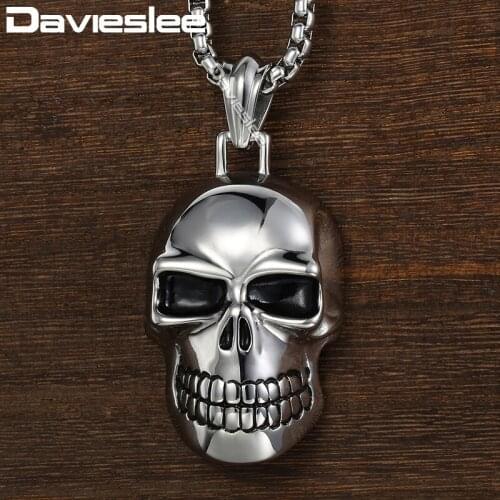 Davieslee Skull Pendant Mens Necklace Gothic Punk Gold Black Silver Color 316L Stainless Steel Chain Box Link DHP154