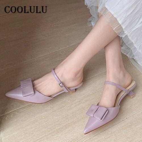 COOLULU Mules Shoes Woman Genuine Leather Med Heels Bow Thin Heel Pumps Buckle Pointed Toe Ladies Dress Footwear White Size 40