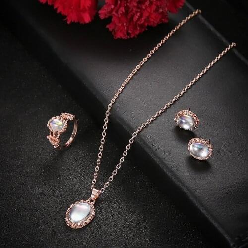 3Pcs/set Women Fashion Jewelry Set Female Gold Color Luxury Opal Ring Stud Earrings Pendant Necklace Wedding Jewelry Set Gift