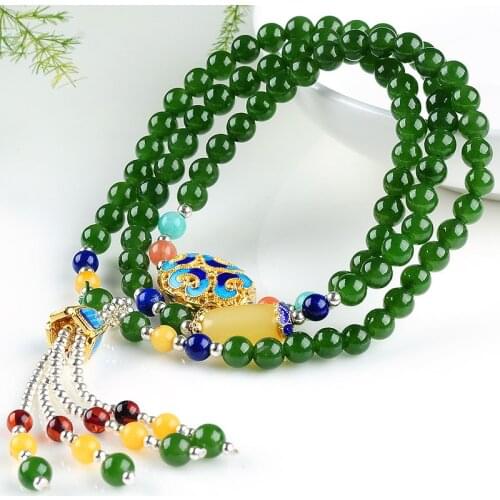 Natural Genuine spinach green jasper beads with beeswax and Hetian jade jade bead string Bracelet 5mm beads