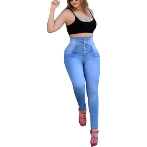 2021 New Listing Hot Womens Autumn Elastic High Waist Casual Straight Row Buckle Jeans Solid color Female Pencil Pants OK611