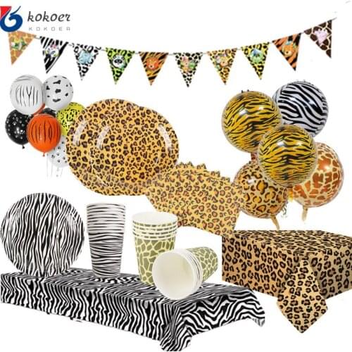 137x274cm Leopard Zebra Disposable Tablecloth Animal Party Theme cup napkins ballons Decor Happy Birthday Wedding Party Supplies