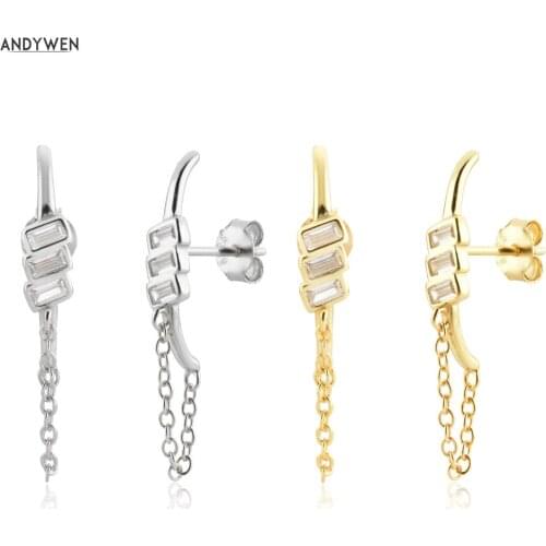 ANDYWEN 925 Sterling Silver Gold Summer Line Chain Stud Earring Screw Luxury Jewelry Long Chain 2021 Wedding Jewelry Clips