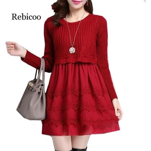 Autumn/ Winter New Women Fake Two-piece Knitted Sweater Dress Fashion O Neck Slim Long sleeve Sweater Dress Lady Clothing