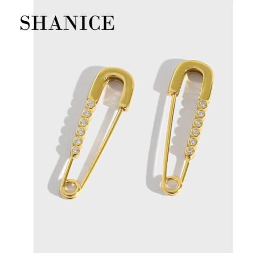 SHANICE 925 Sterling Silver Safety Pin Studs Earrings for Women Gothic Fashion White Crystal CZ Earrings Female Korean Jewelry