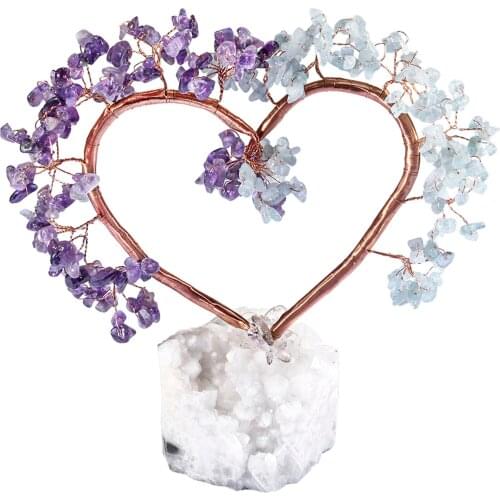 TUMBEELLUWA Handmade Heart Shape Healing Crystal Money Tree on Natural Rock Quartz Cluster Crystal Base for Home Office Decor
