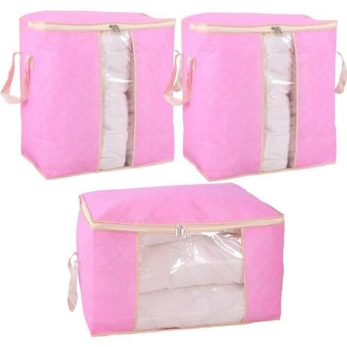 Large Capacity Clothes Storage Bag Organizer with Reinforced Handle Thick Fabric for Comforters Blankets Bedding 90L Pink