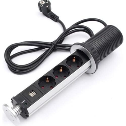 10A PULL POP UP 3 Power Socket 2 USB Charging Port Kitchen Office Table Desktop Sockets Retractable Countertops Worktop