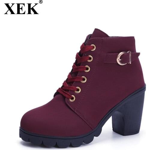 XEK 2018 New Autumn Winter Women Boots High Quality Solid Lace-up European Ladies shoes PU Fashion high heels Boots WFQ47