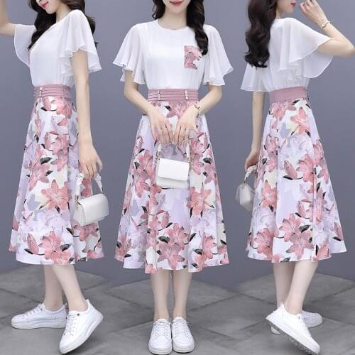 5153 Summer Women Dress Set Sweet Lotus Short Sleeve Tops And Mid Length Floral Skirts Pockets Fairy Beautiful 2 Piece Suit New