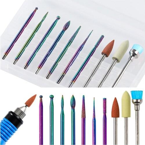 10pcs/box Diamond Nail Drill Bits Rainbow Set 3/32" Milling Cutter for Manicure Rotary Burr Cuticle Bits Drill Accessories