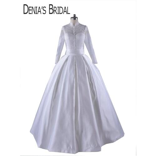 2018 Vintage A-Line High Neck Long Sleeved Lace Appliqued Satin Floor Length Bridal Wedding Dresses